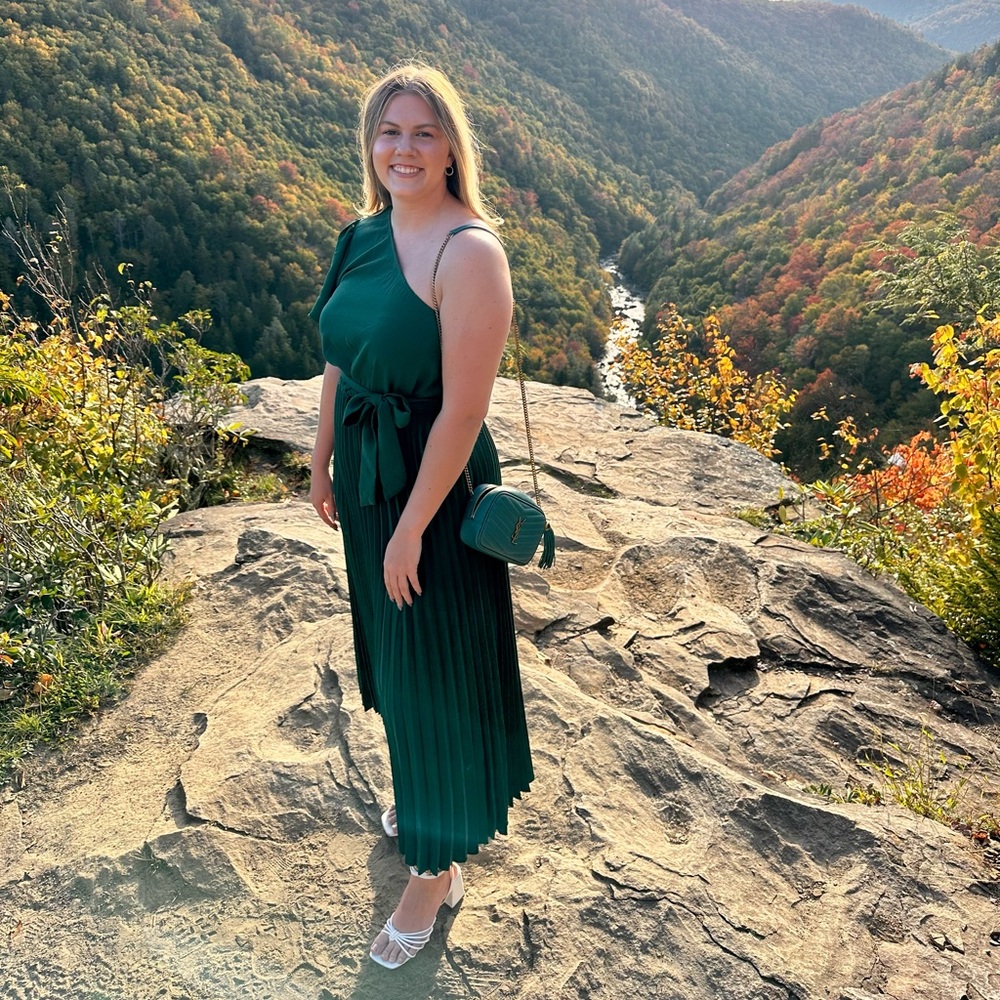 Green one shoulder pleated dress